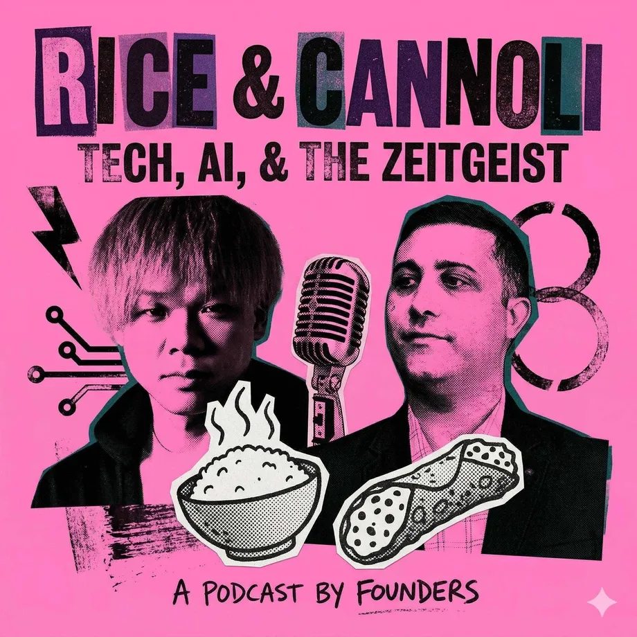 Rice & Cannoli cover art: halftone cutout portraits of hosts Renny and Jim around a vintage microphone, with rice bowl and cannoli stickers on a hot pink background